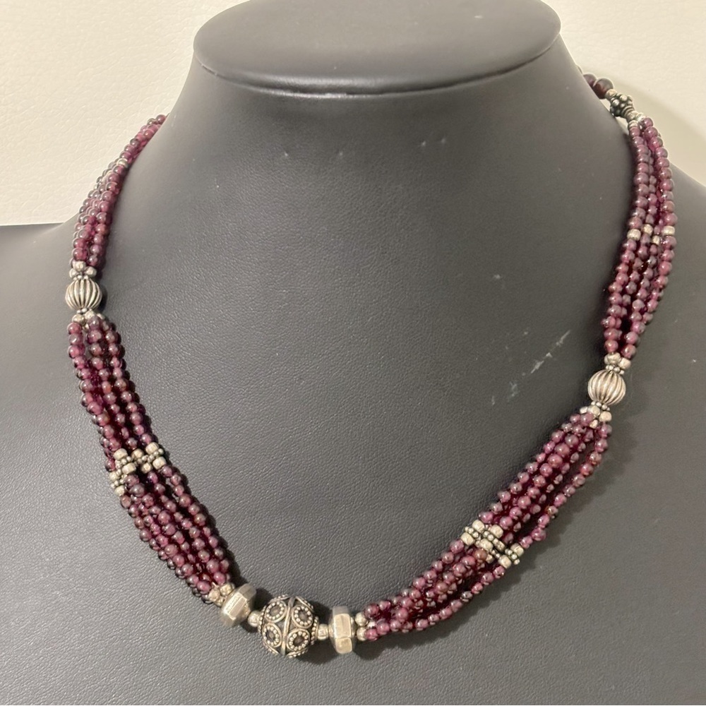 Garnet and sterling silver beaded 5 strand necklace 16” length 8” drop